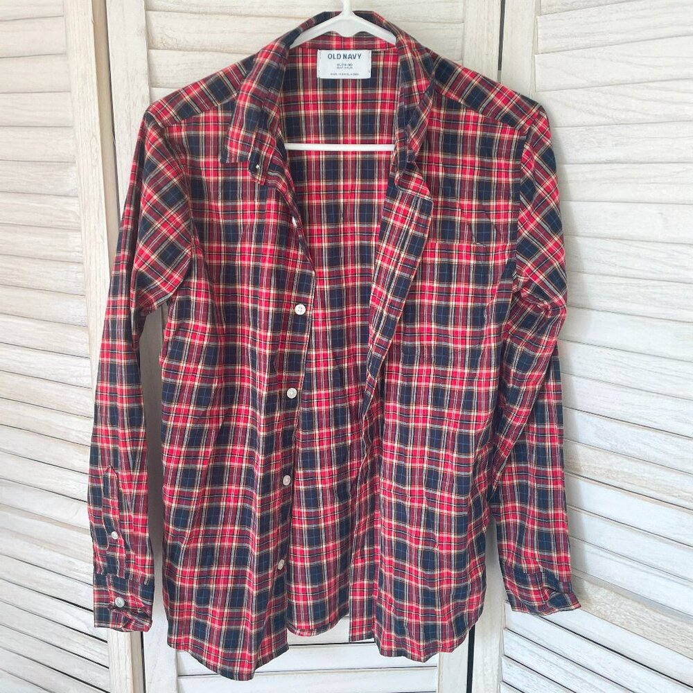Old Navy Red Plaid Button Down Shirt Kids XL 14-16 Built In Flex